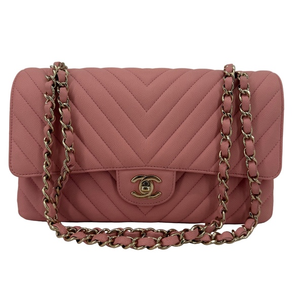 Chanel Medium Double Flap – Light Pink Chevron Caviar, Light Gold Hardware - Picture 9 of 11